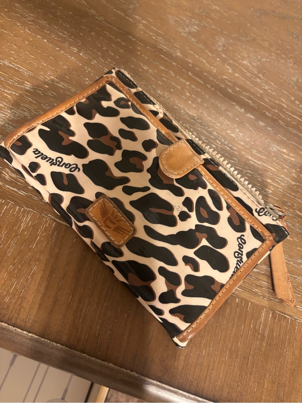 Consuela Leopard-Print Wallet in Black, Brown & Cream with Tan Trim